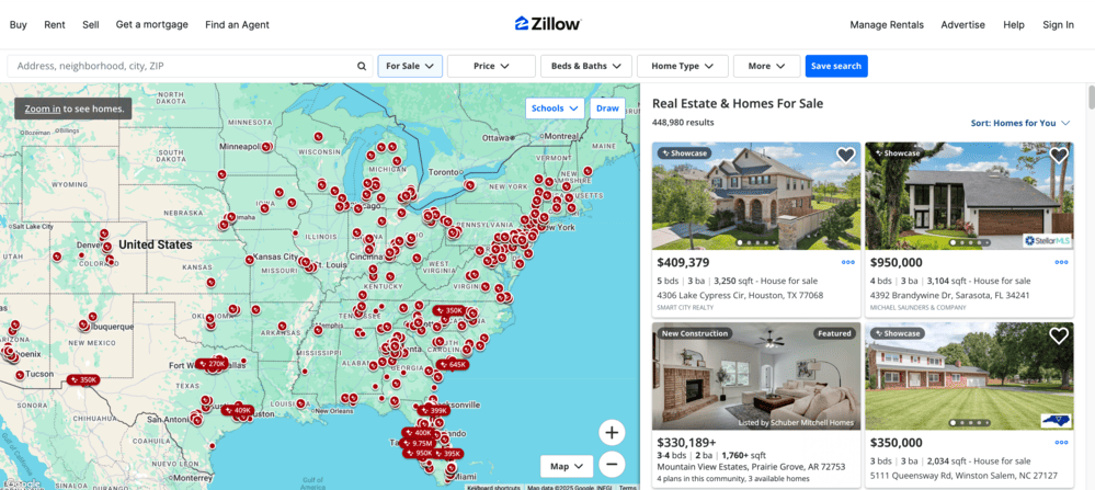 Zillow website interface with the U.S. map and homes for sale