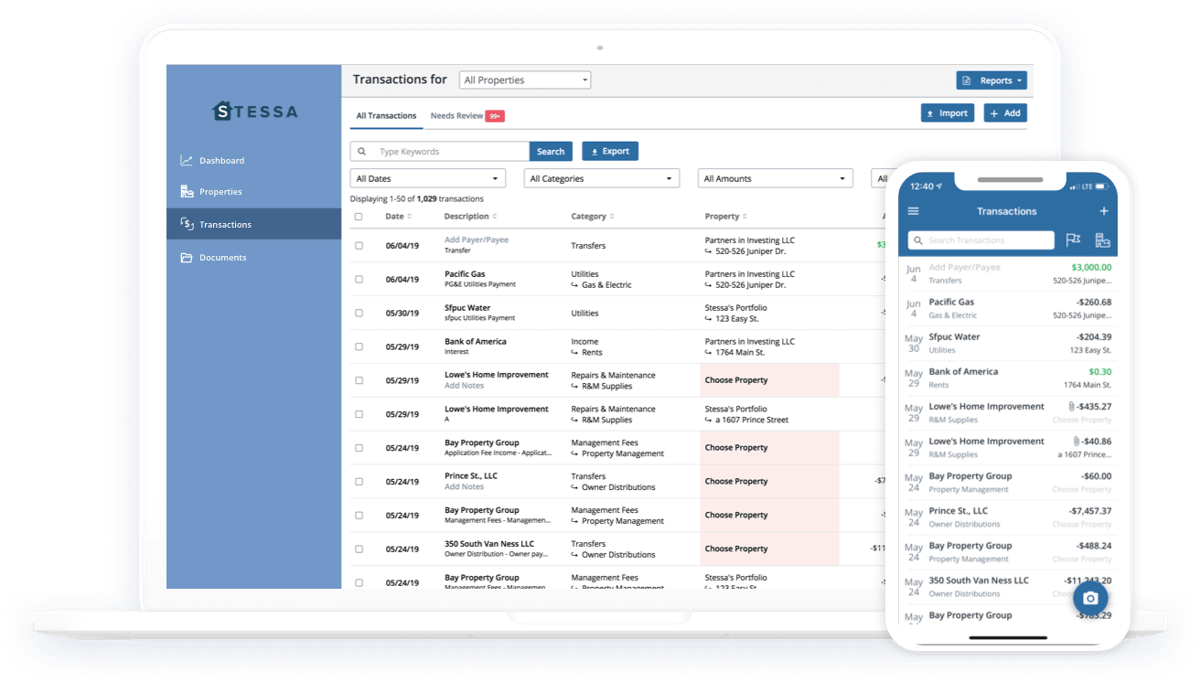Stessa income expense tracker interface on web and mobile.