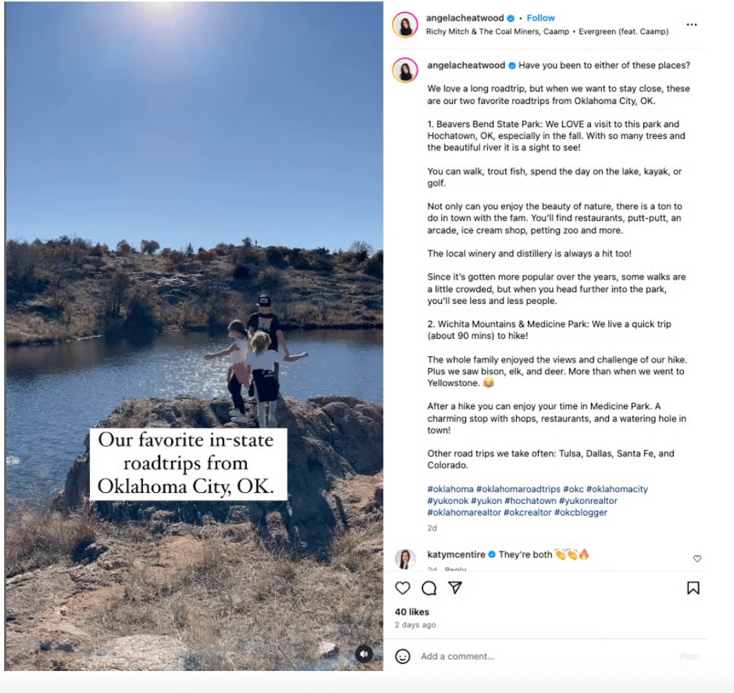 Real estate Instagram post about road trips 