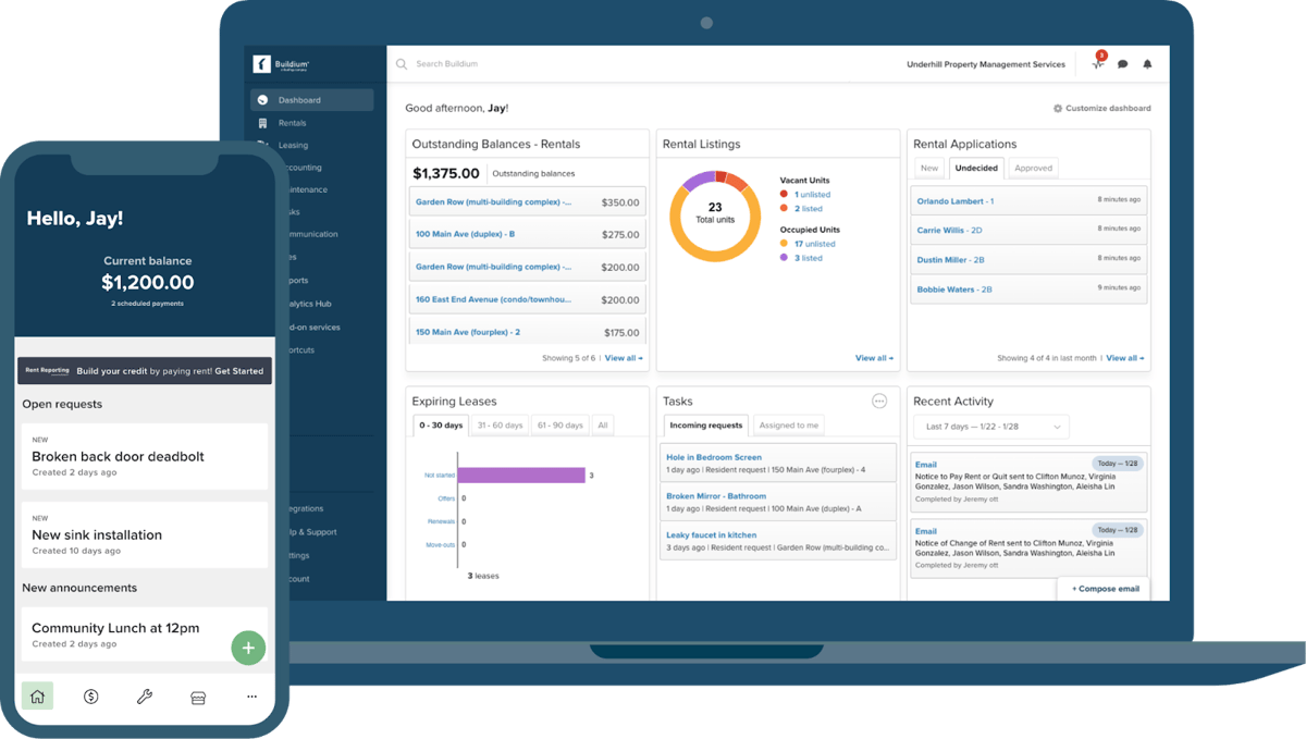 Buildium dashboard and mobile app.