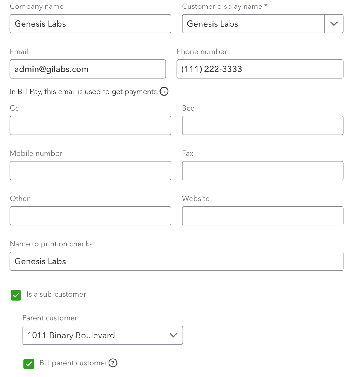 QuickBooks form showing Genesis Labs subcustomer details with email, phone, and billing info.