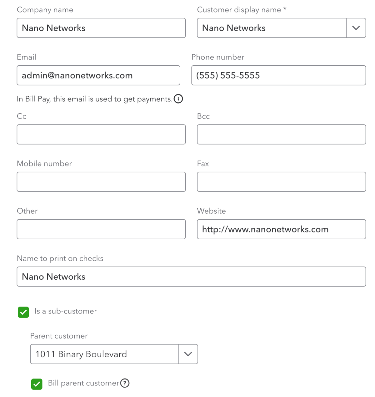 QuickBooks form showing Nano Networks subcustomer details with email, phone, and billing info.
