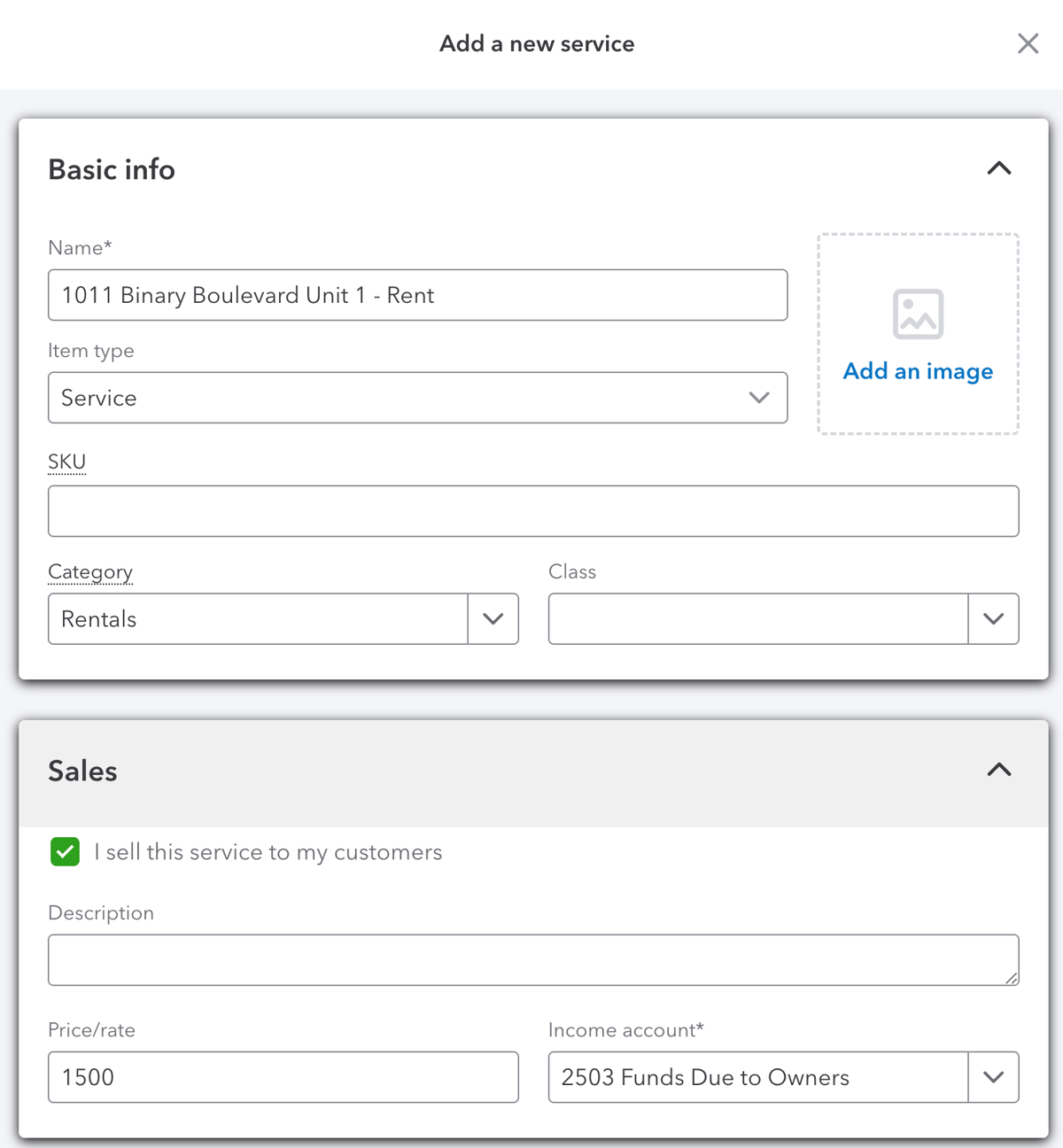 QuickBooks item setup form for rent service, showing basic info fields and sales details with a $1,500 rate.