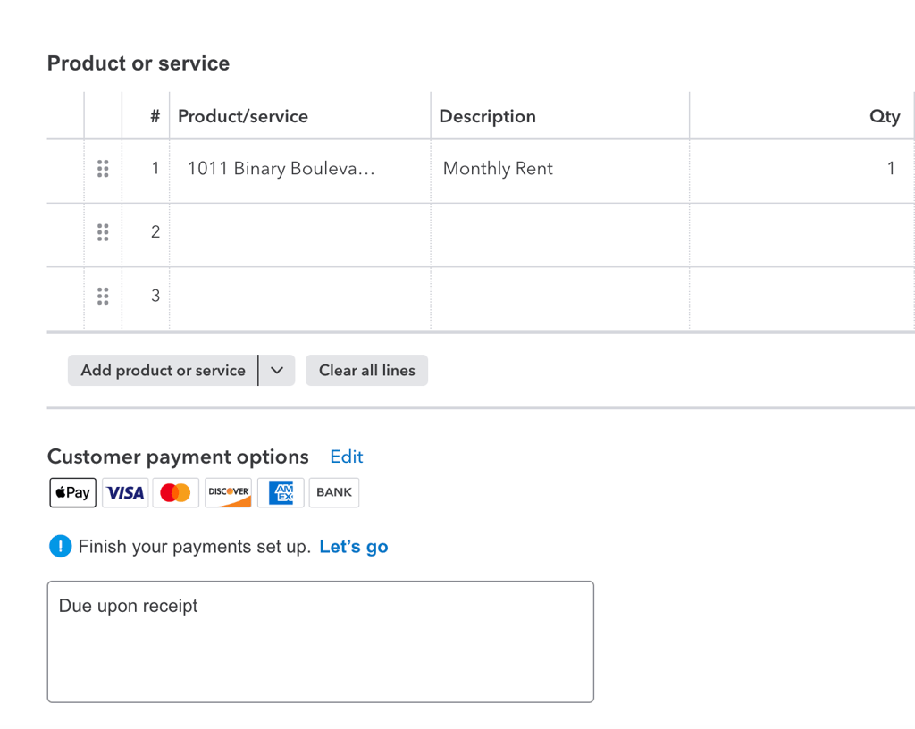 QuickBooks invoice screen showing one product line for rent with a monthly rent description, payment icons, and a due upon receipt note.