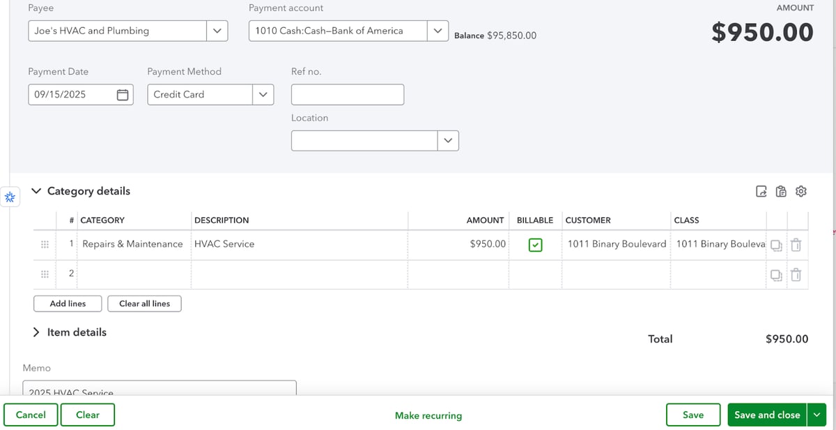 QuickBooks expense entry showing $950 payment to Joe's HVAC and Plumbing for HVAC service, marked billable to 1011 Binary Boulevard.