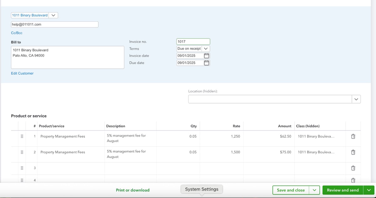 QuickBooks invoice draft for 1011 Binary Boulevard showing property management fees, 5% for August, totaling $62.50 and $75.00.
