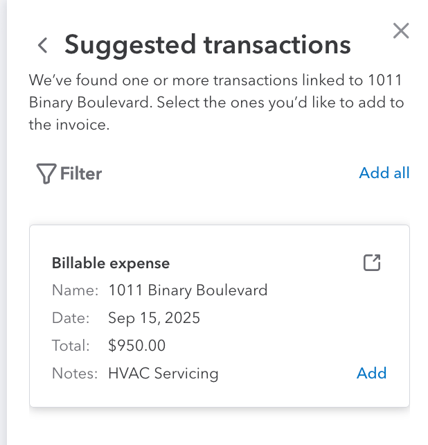 QuickBooks Suggested transactions panel showing a billable expense for 1011 Binary Boulevard, $950 total, on Sept. 15, 2025, for HVAC servicing.