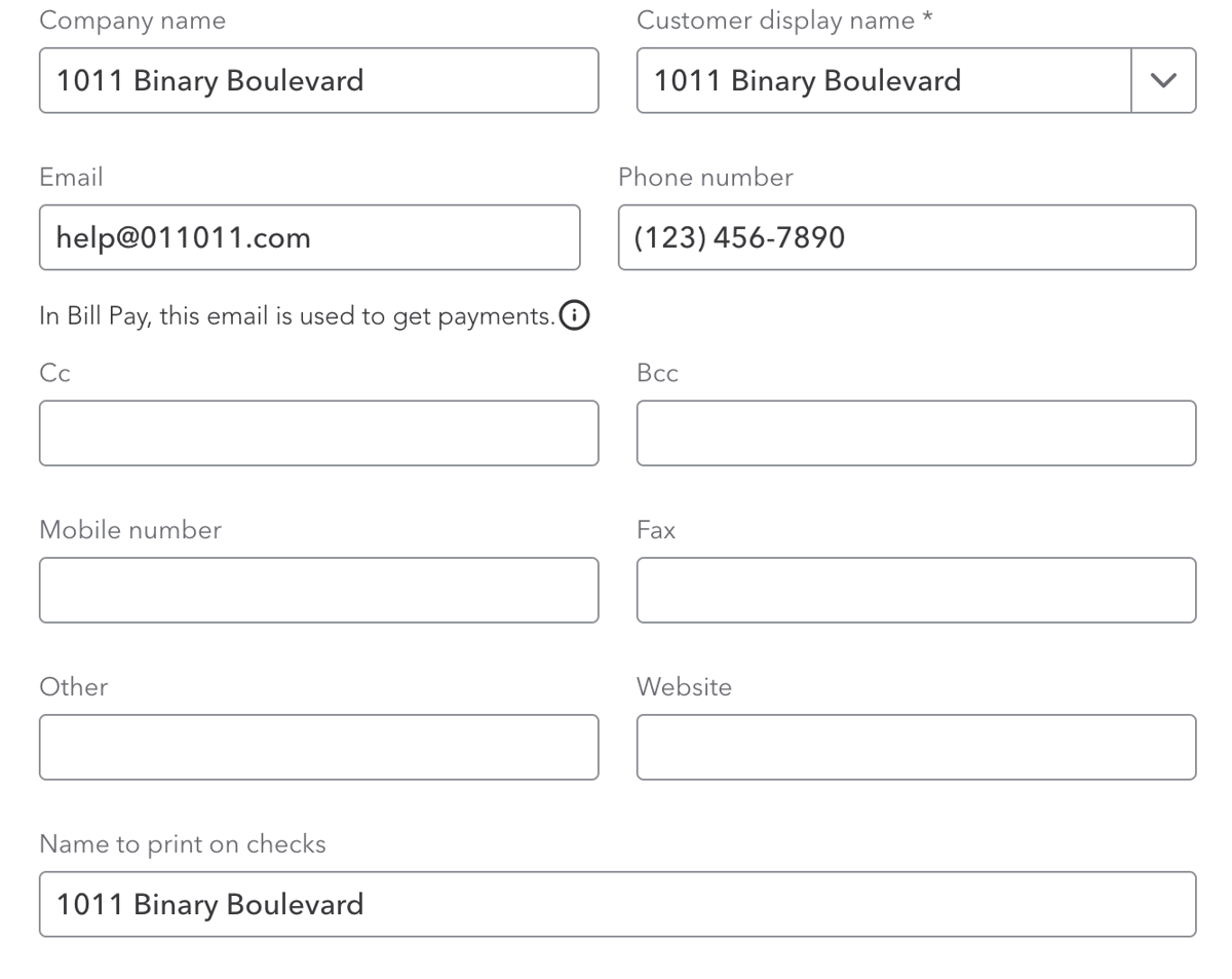 QuickBooks customer details form with company name, display name, email, phone number, and mailing info fields.