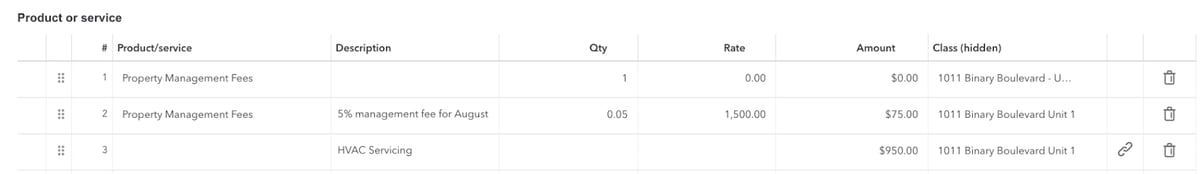 QuickBooks invoice product/service list showing property management fees and HVAC servicing, with amounts $0, $75, and $950.