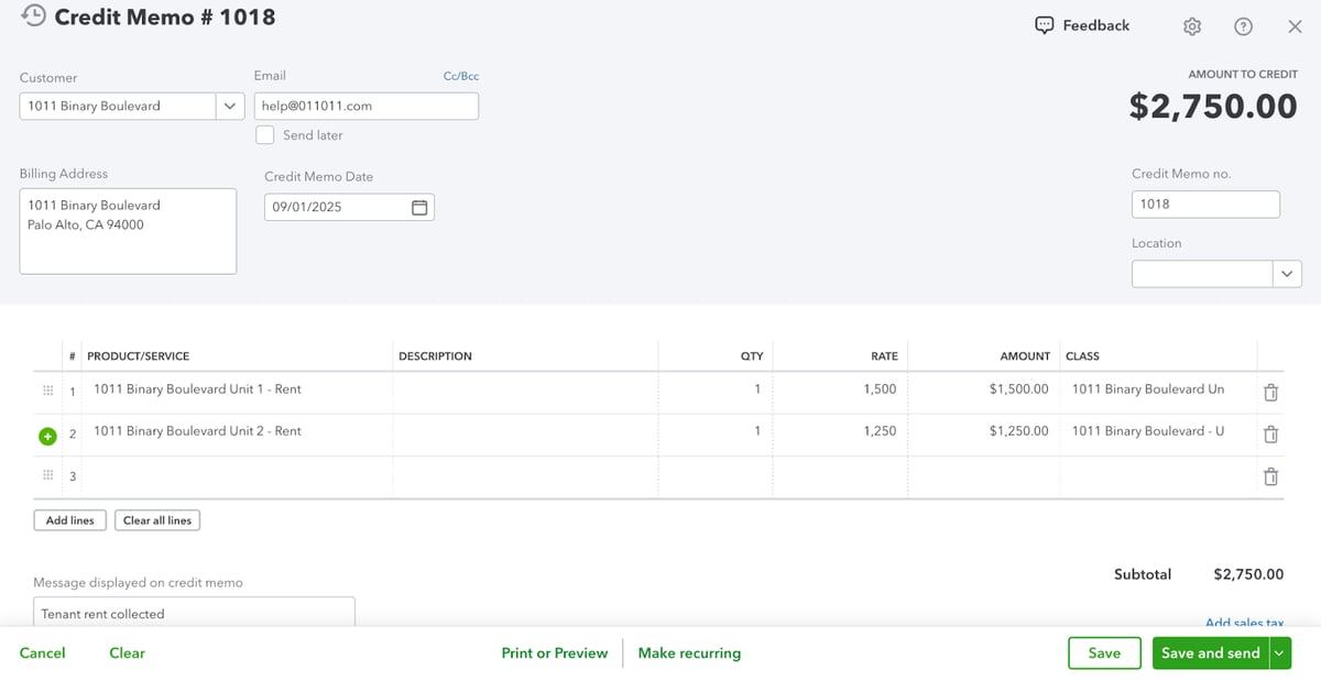 QuickBooks Credit Memo #1018 for 1011 Binary Boulevard showing $2,750 credit for rent, with two unit line items at $1,500 and $1,250.