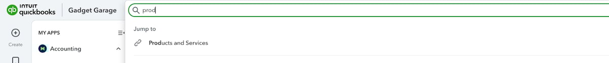QuickBooks search bar with "prod" typed, showing the suggestion for "Products and Services."