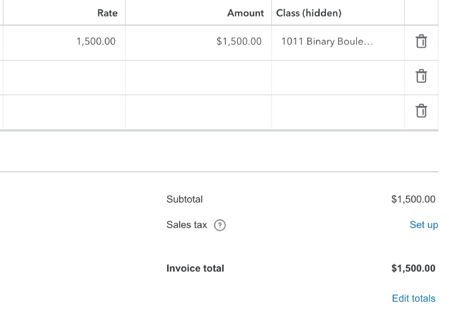 QuickBooks invoice summary showing $1,500 rate, subtotal $1,500, no sales tax, and invoice total $1,500.