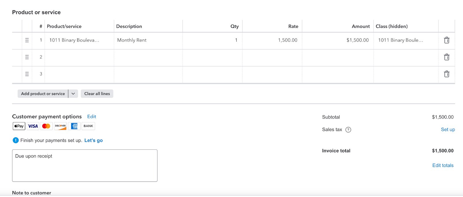 QuickBooks invoice draft showing one rent line item at $1,500, payment options, terms due upon receipt, and a total $1,500.