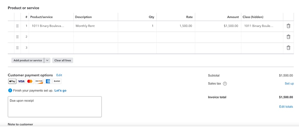 QuickBooks invoice draft showing one rent line item at $1,500, payment options, terms due upon receipt, and a total $1,500.