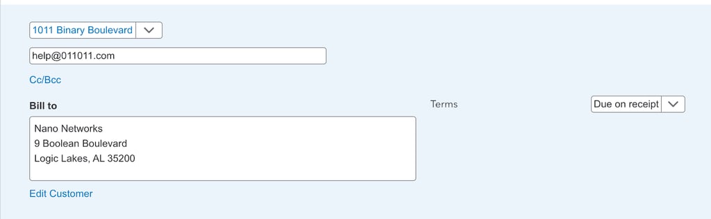 QuickBooks billing section showing customer 1011 Binary Boulevard, billing address for Nano Networks, and terms due on receipt.