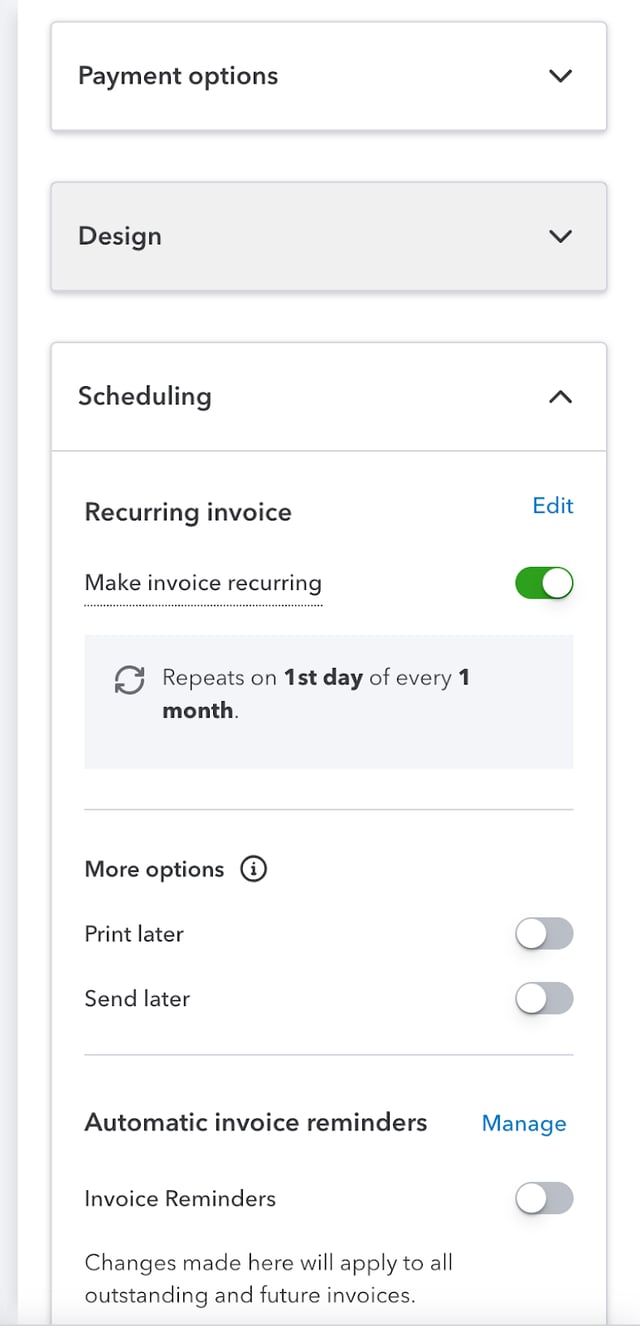 QuickBooks scheduling feature with recurring invoice enabled, set to repeat on the 1st day of each month.