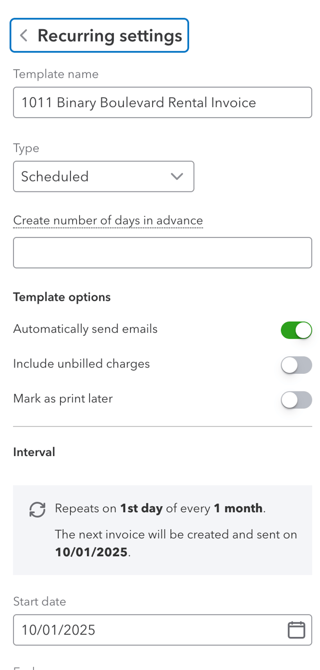 QuickBooks recurring settings for "1011 Binary Boulevard Rental Invoice," scheduled monthly on the 1st, auto-email enabled.