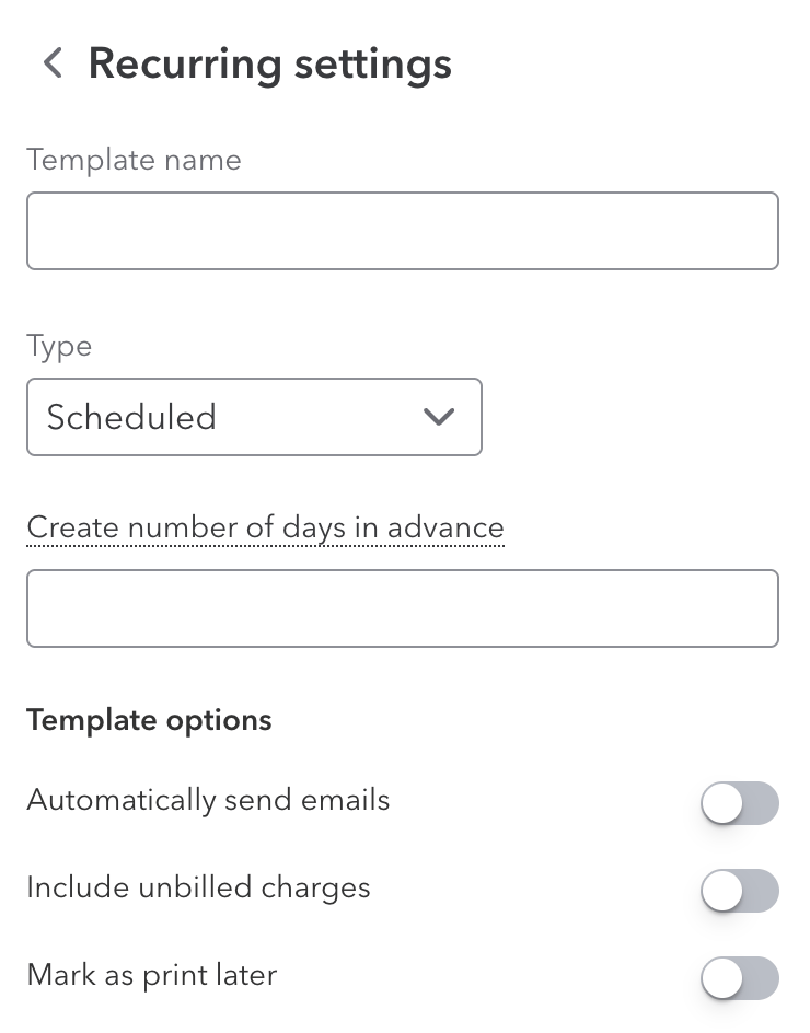 QuickBooks Online recurring settings screen with fields for template name, type, advance days, and email/print options.