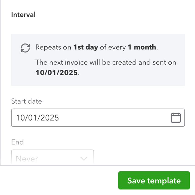 QuickBooks recurring invoice interval set to repeat monthly on the 1st, starting 10/01/2025, with "Save template" button.