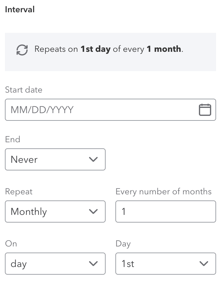 QuickBooks Online recurring invoice interval settings showing options for start date, end date, repeat frequency, and day of month.