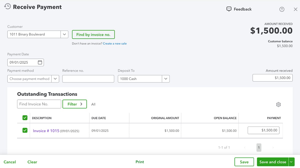 QuickBooks Receive Payment screen showing the $1,500 payment for Invoice #1015 from 1011 Binary Boulevard, deposited to Cash.