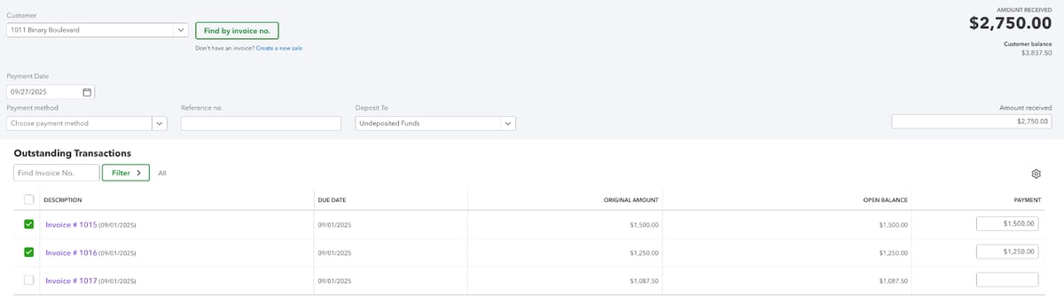 QuickBooks Receive Payment screen showing a $2,750 total received for multiple invoices (#1015, #1016, #1017) from 1011 Binary Boulevard.