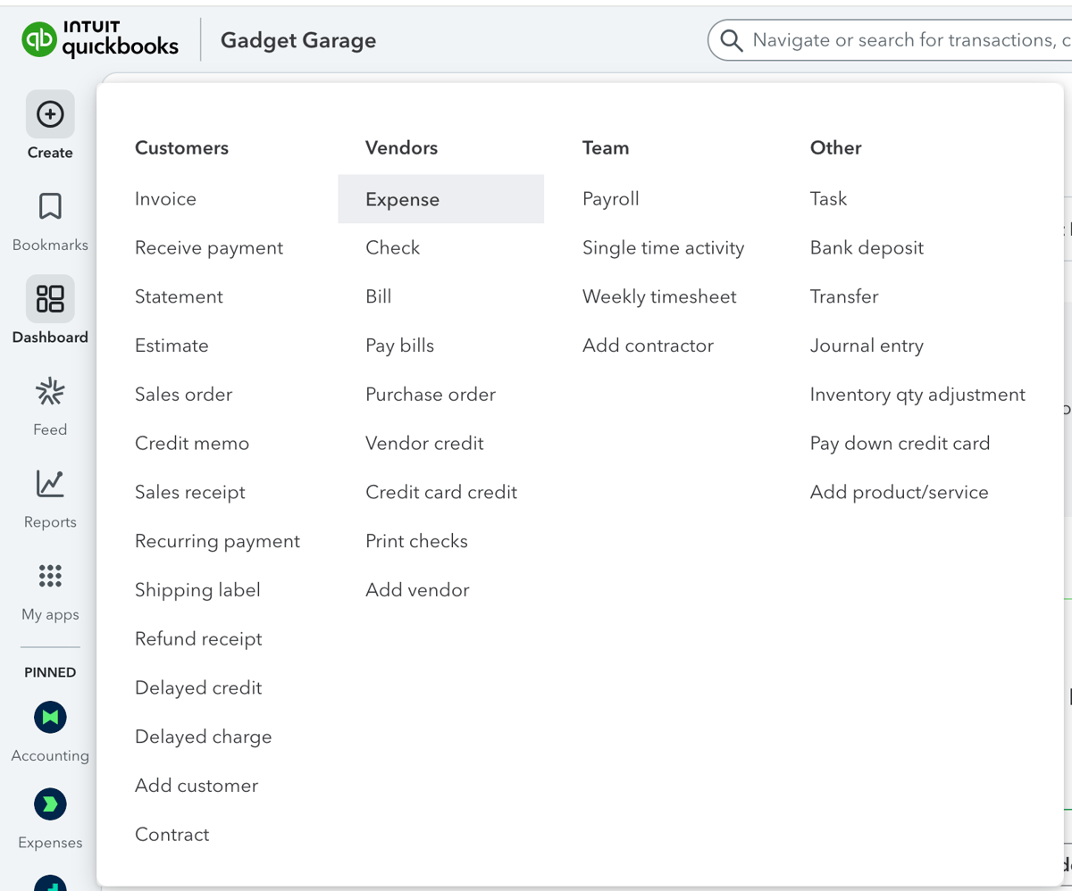 QuickBooks create menu expanded, showing options for Customers, Vendors, Team, and Other transactions and activities.