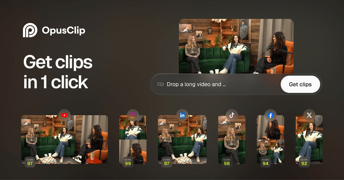 Image of OpusClip platform, which says "get clips in 1 click", showing its AI video clipping tool.