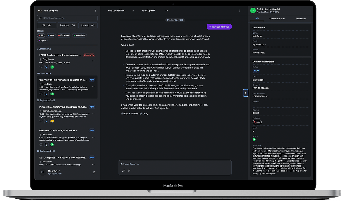 An image of an open laptop with raia's software on it.