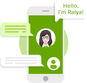 A cartoon rendering of a smart phone, with an all green background and a cartoon women in a white circle. In a text bubble it says Hello, I'm Raiya.