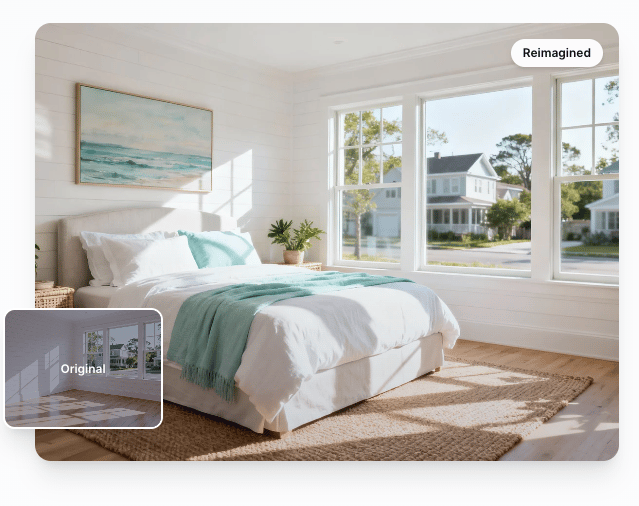 An original and reimagined comparison of an empty room and a room with furniture that has been virtually staged.