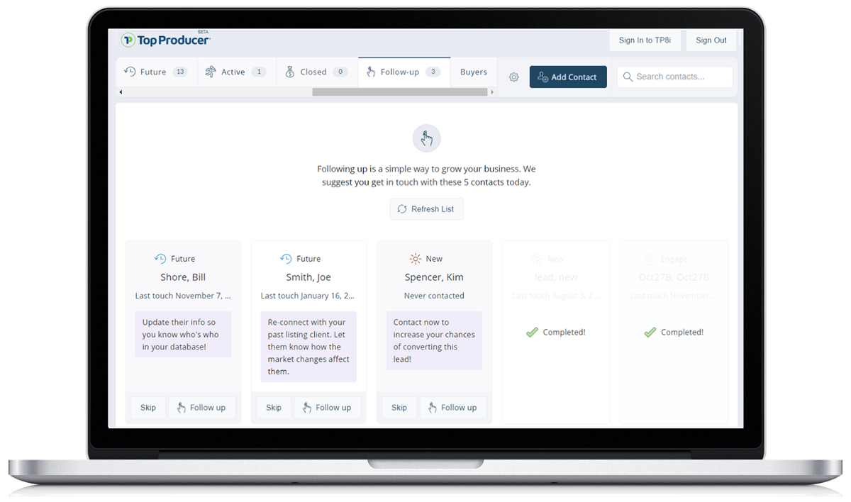 Top Producer's follow-up coach feature.