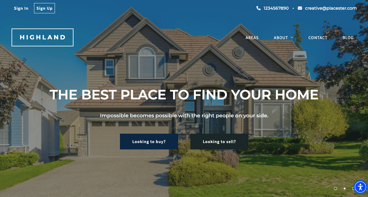 Example of a website made through Placester. Website homepage focuses on an exterior of a home, with two buttons, "Looking to buy?" and "Looking to sell?".