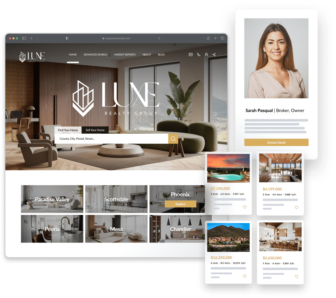 Example of a custom website made through Real Geeks. Additional photos including an agent feature and home listings.