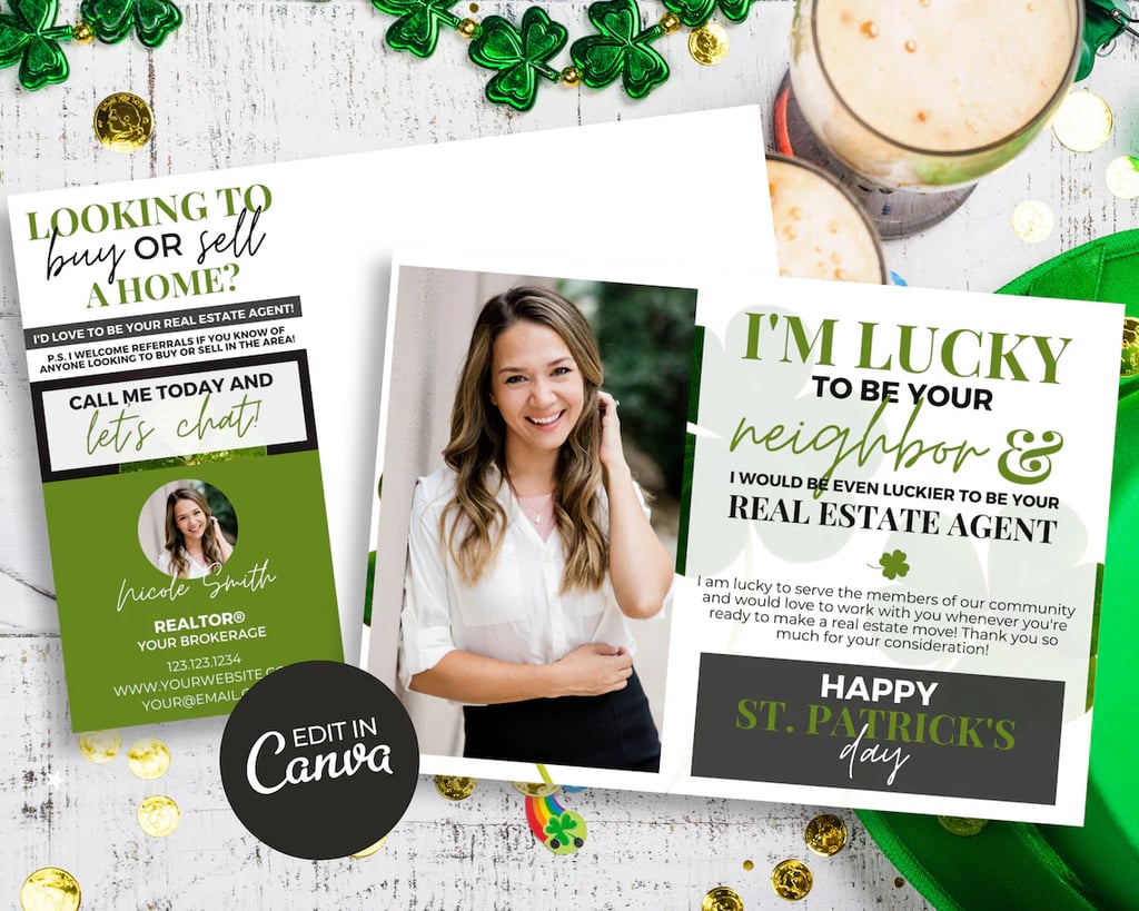 A St. Patrick's Day-themed real estate postcard, with an image of a female agent.