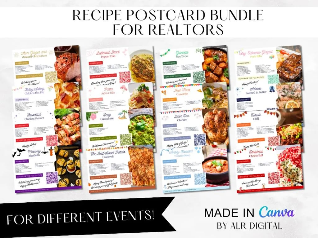 A variety of postcards, all with different recipes.