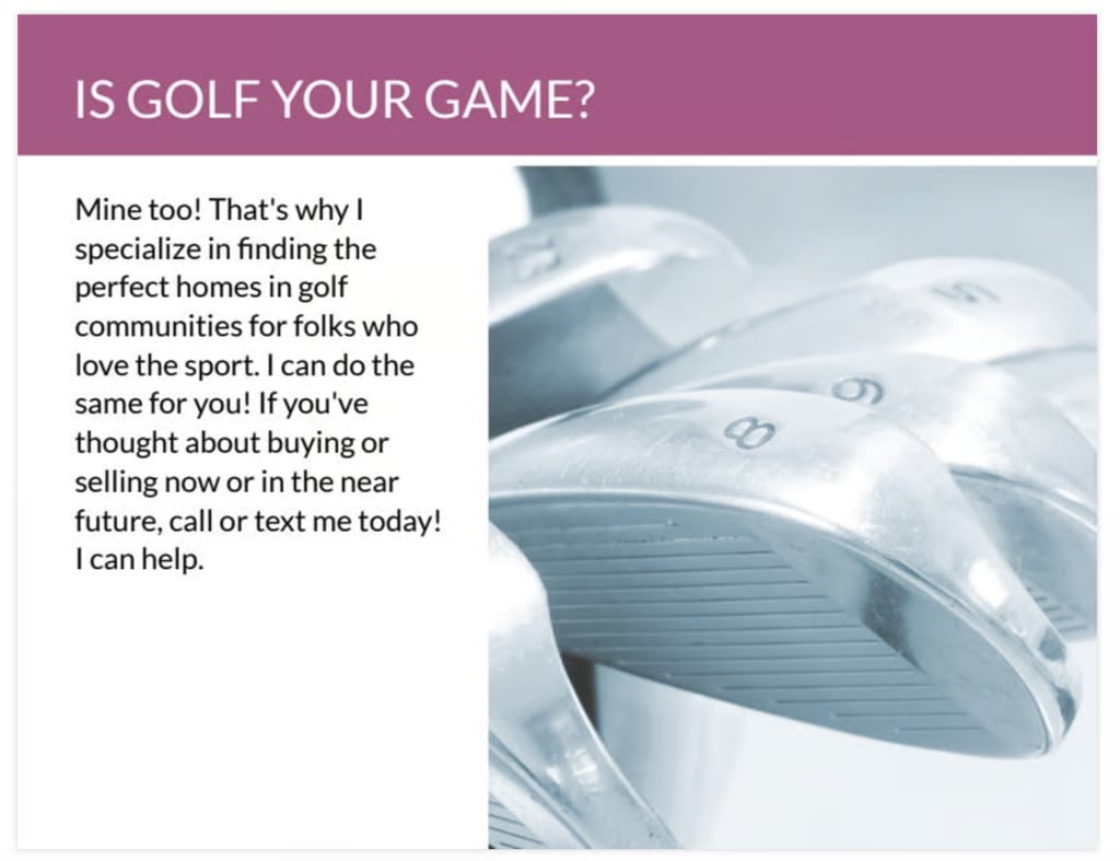 A gray-themed card with a close-up image of golf clubs, telling the receiver the agent specializes in golf communities.