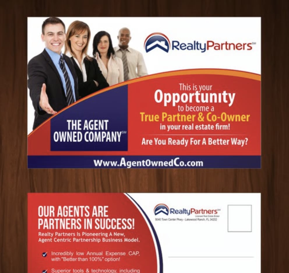 The front and back of a red, white, and blue-themed postcard. The card has four smiling people on it, and the brand "Realty Partners".