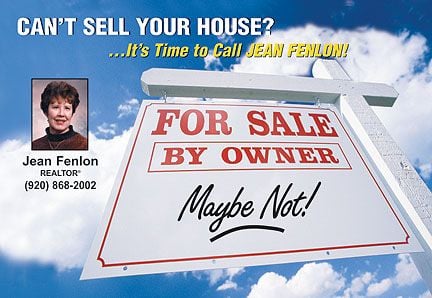 A postcard with a sky background and a real estate sign in the forefront stating "For sale by owner maybe not!". On the left there is an agent headshot and information.