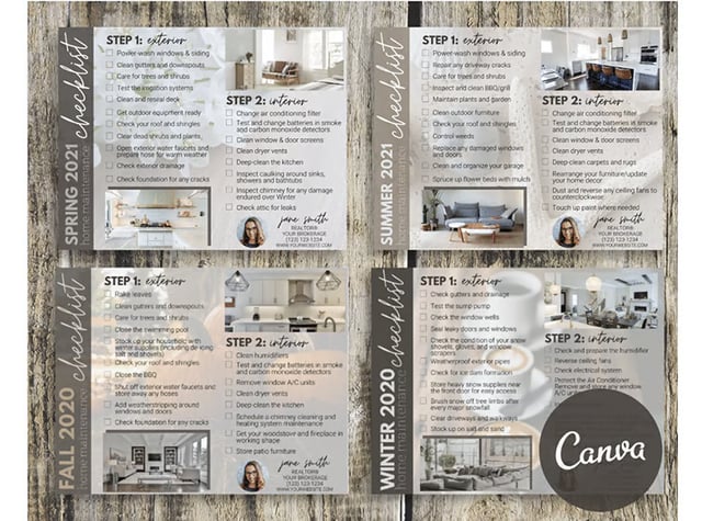 Four postcards atop a wood table.