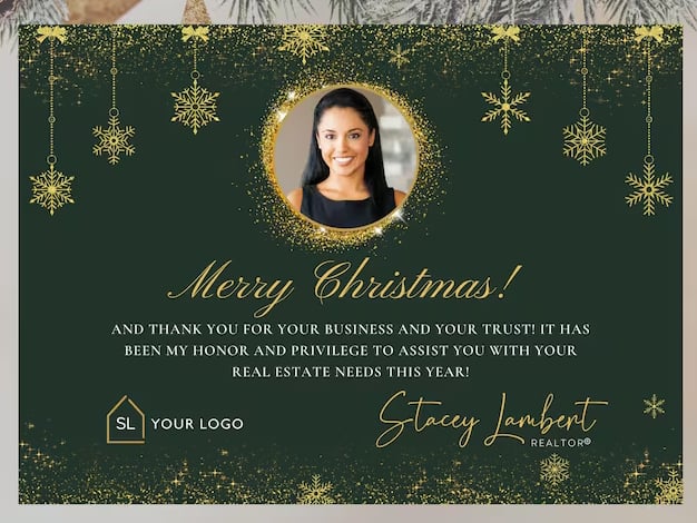 A dark green postcard with gold highlights. There is a circle with the image of an agent. The card reads, "Merry Christmas!"