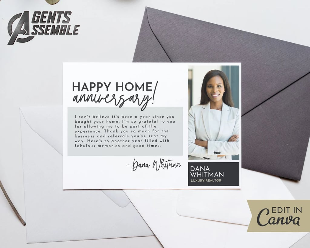 A gray-and-white postcard that says "Happy home anniversary!" On the right side, there is an image of a female.