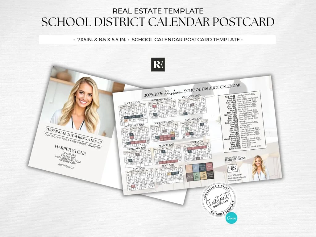 A white and gray themed postcard containing a school district calendar.