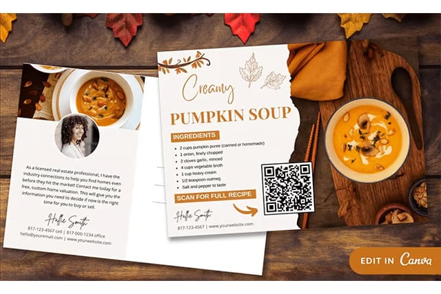 Two sides of a fall-themed postcard with a creamy pumpkin soup recipe.