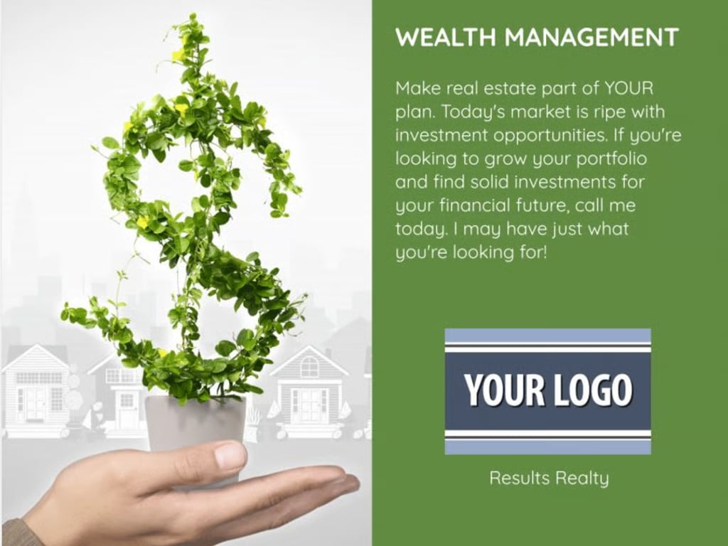 A postcard with a plant growing into a money symbol. The card reads, "Wealth management".