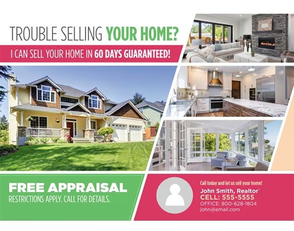 A postcard template that states "Trouble selling your home? I can sell your home in 60 days guaranteed". It has several pictures of home.