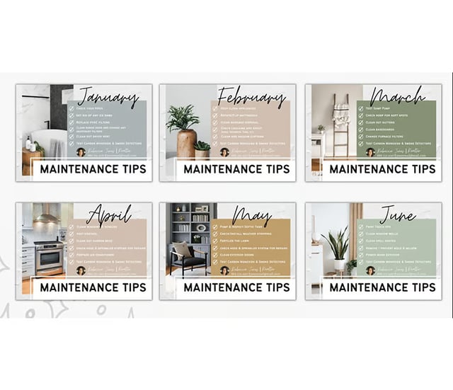 Six postcards atop a white background, each with a different month and maintenance tips.