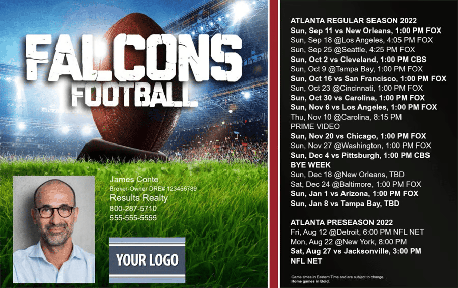A postcard that contains the Falcons football team's schedule on one side, and on the other is a football on grass.