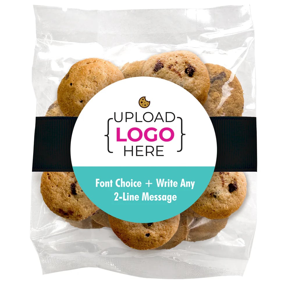 An image of chocolate chip cookies in a plastic bag, wrapped in a black ribbon, with a sticker that says Upload Logo Here.