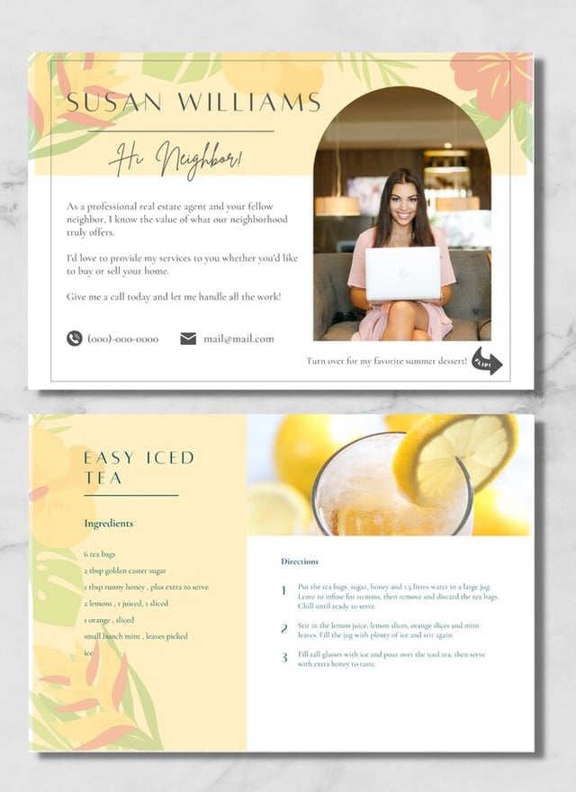 Two sides of a postcard. They both have a yellow tropical theme and contain the image of an agent and an iced tea recipe.